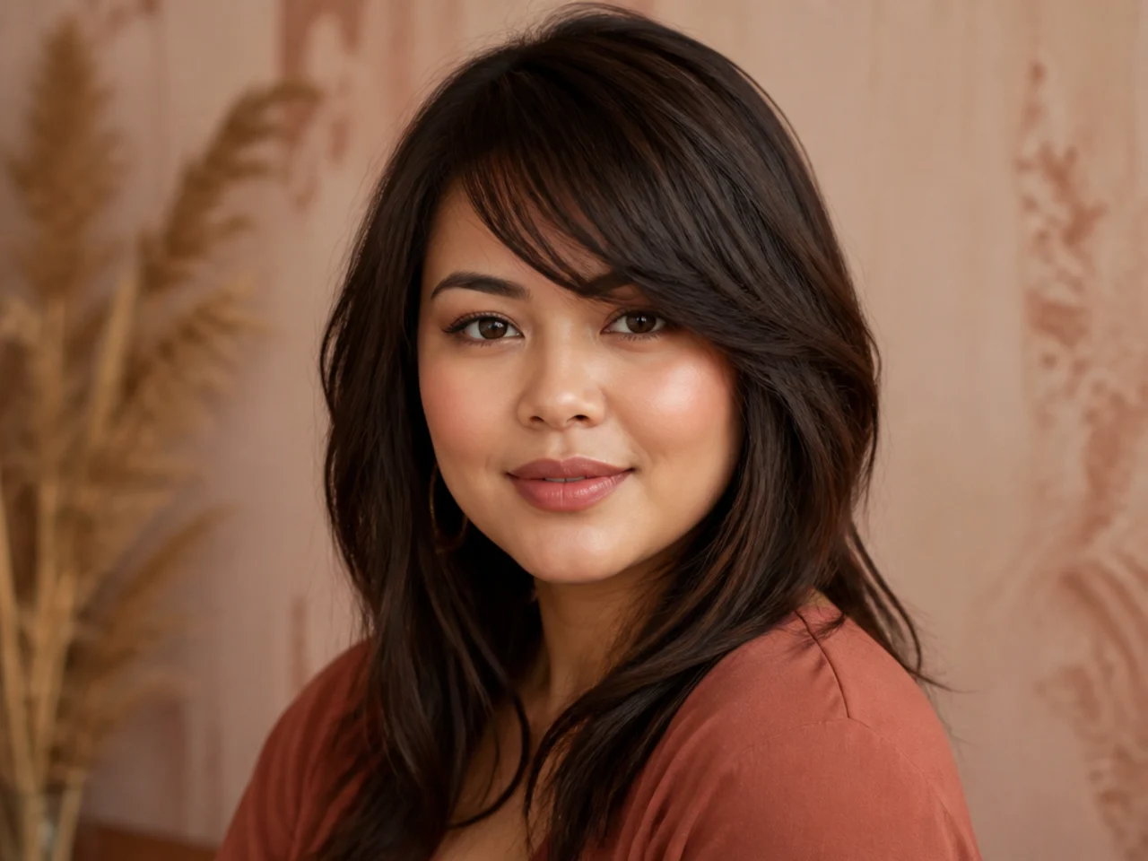 Three-quarter view of side swept bangs on a round face