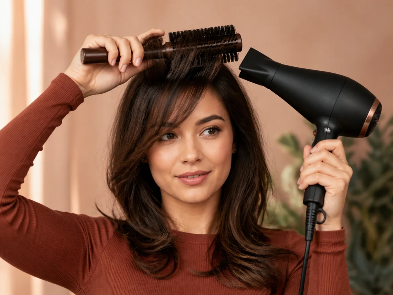 A round brush lifting the crown while drying a fringe