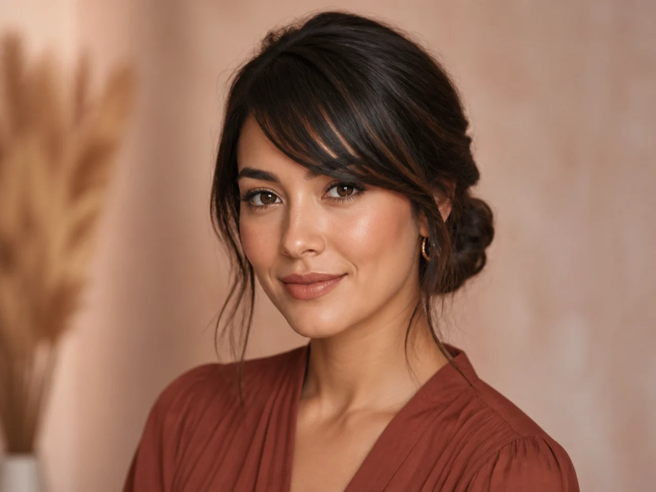 Side swept bangs with a low bun