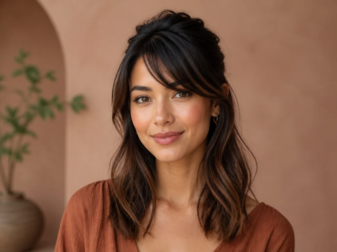 Side swept bangs worn with a half-up