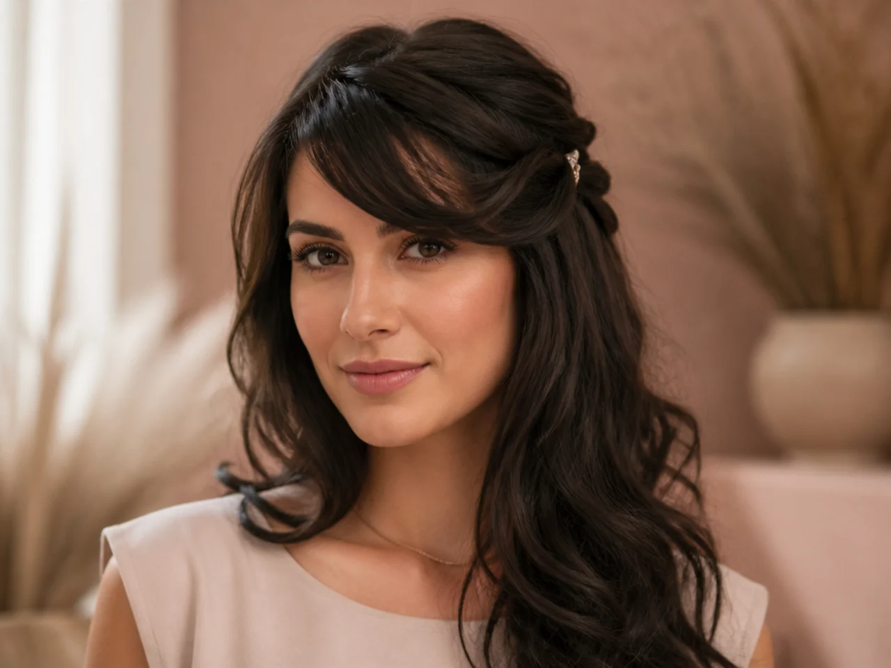 Side swept bangs twisted and clipped back