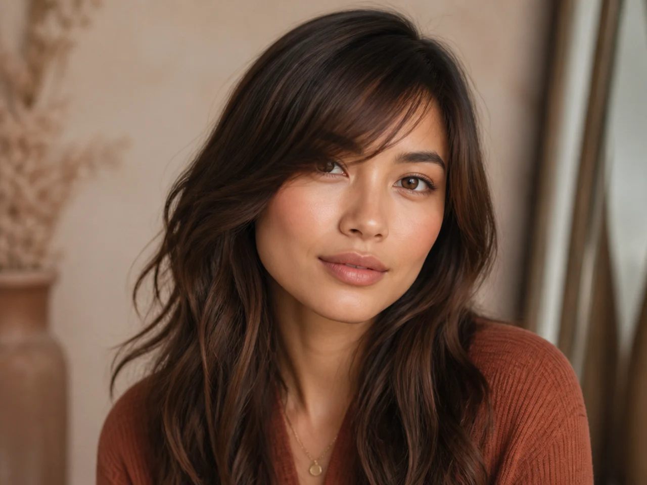 Second-day side swept bangs refreshed with dry shampoo