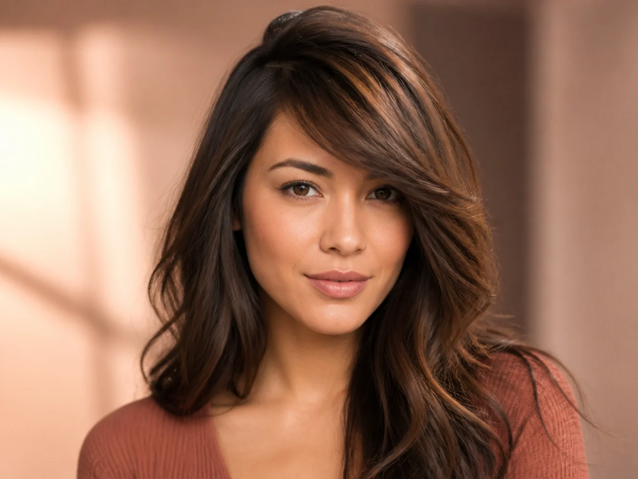 Side swept bangs with volume at the root