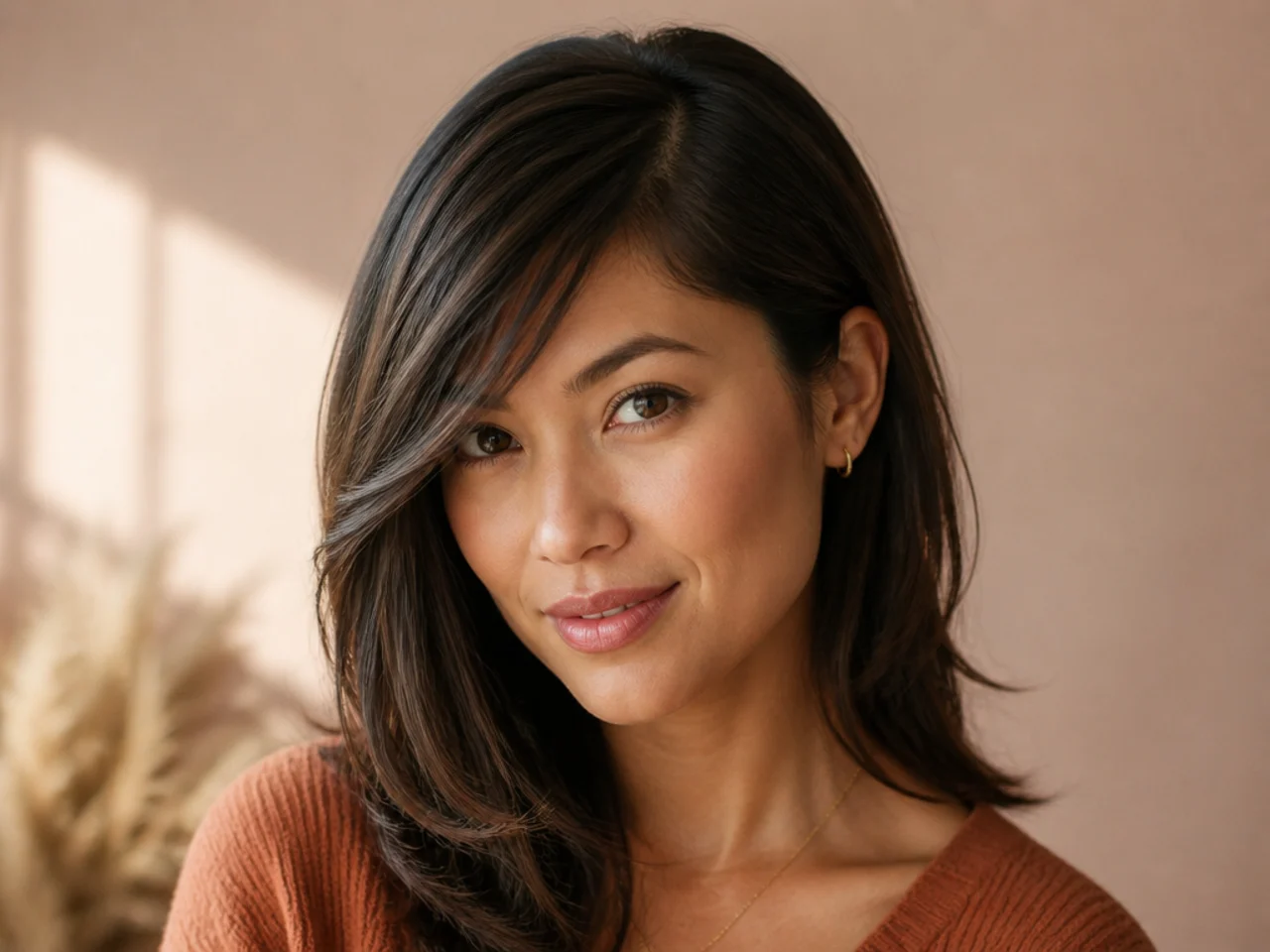 Side swept bangs tucked behind one ear