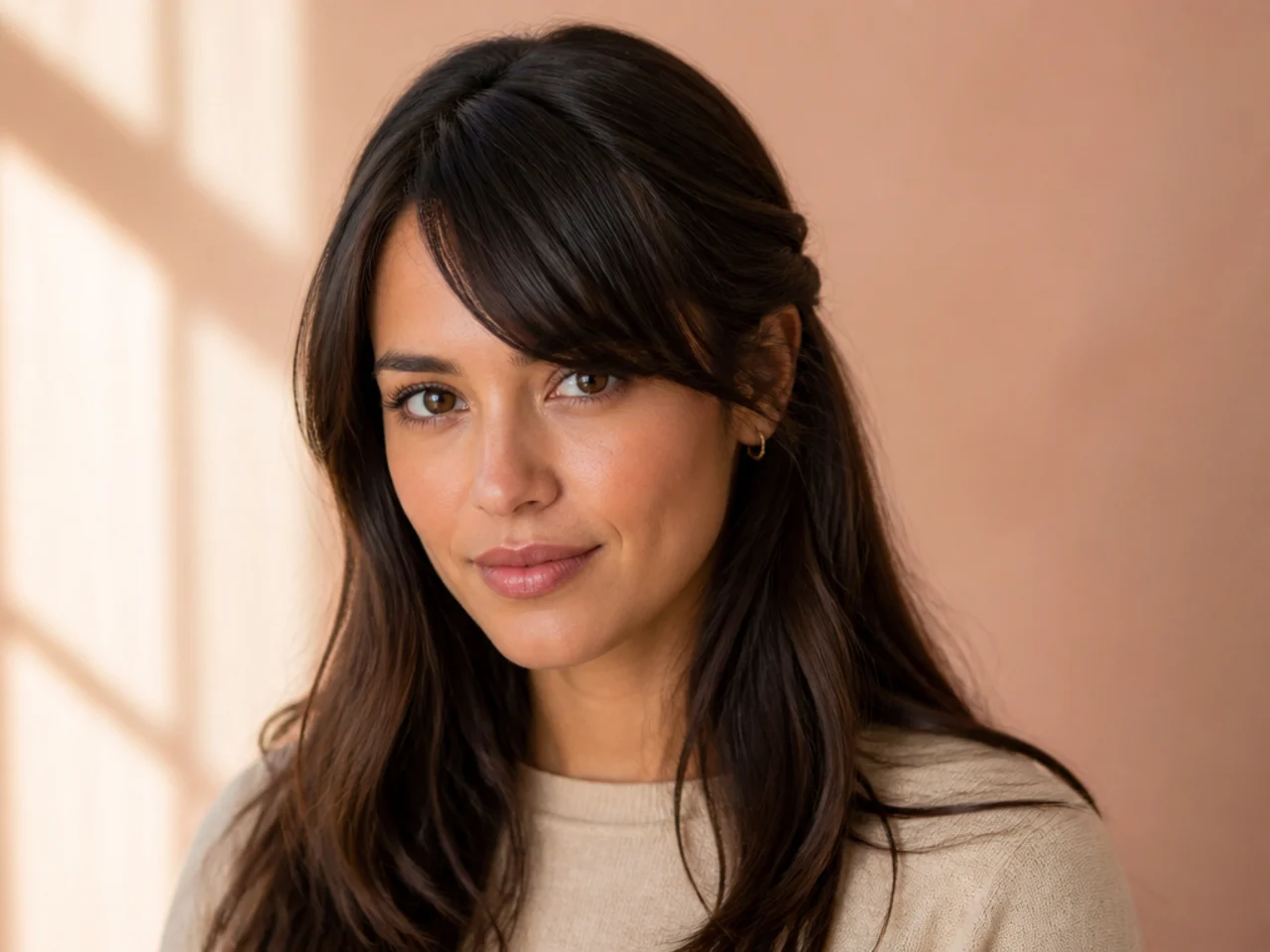 Side swept bangs half tucked at the temple