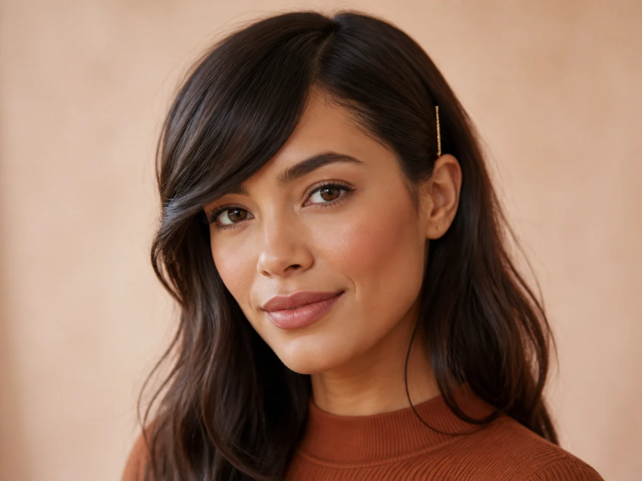 Side swept bangs pinned at the temple