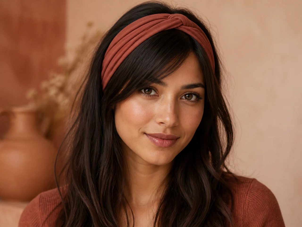 Side swept bangs worn under a headband