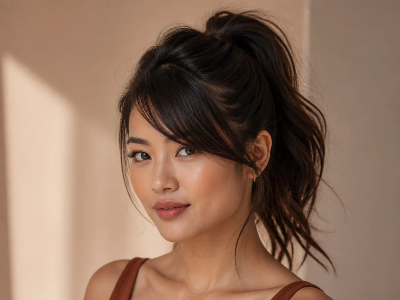 Side swept bangs with a high ponytail