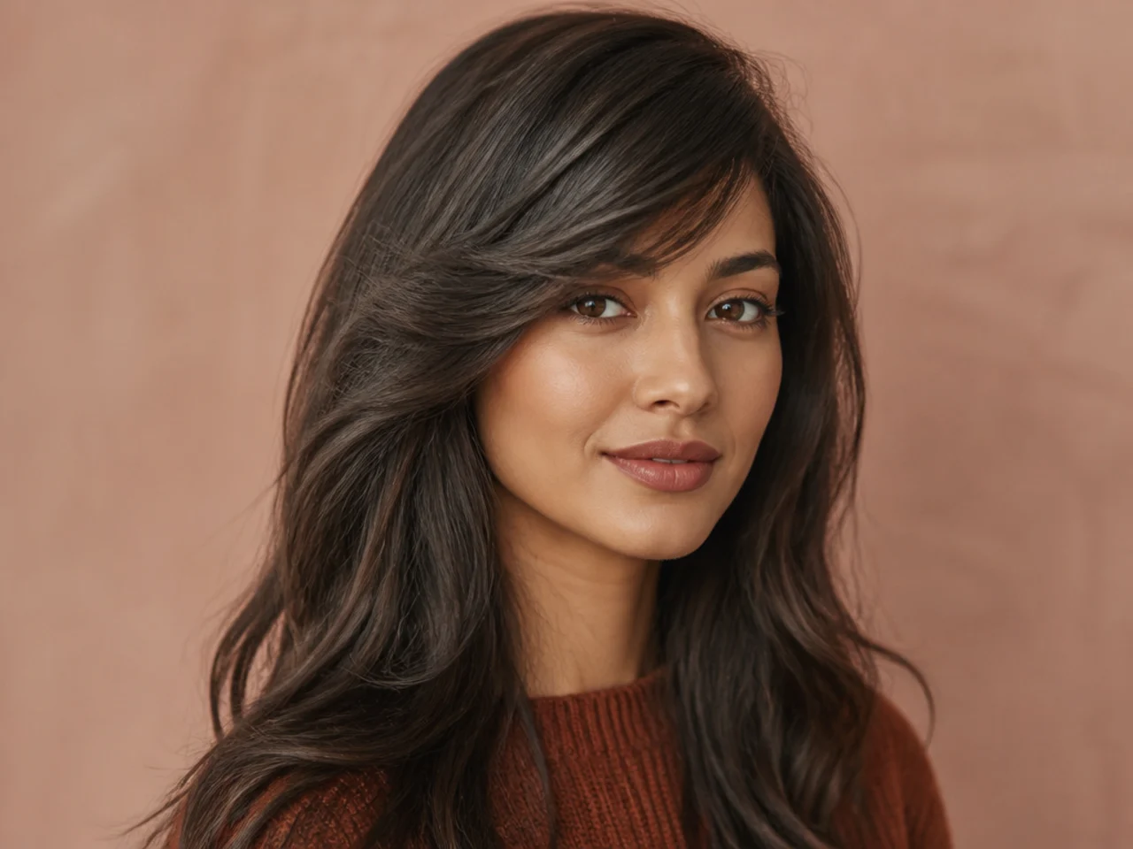 Three-quarter view of freshly styled side swept bangs