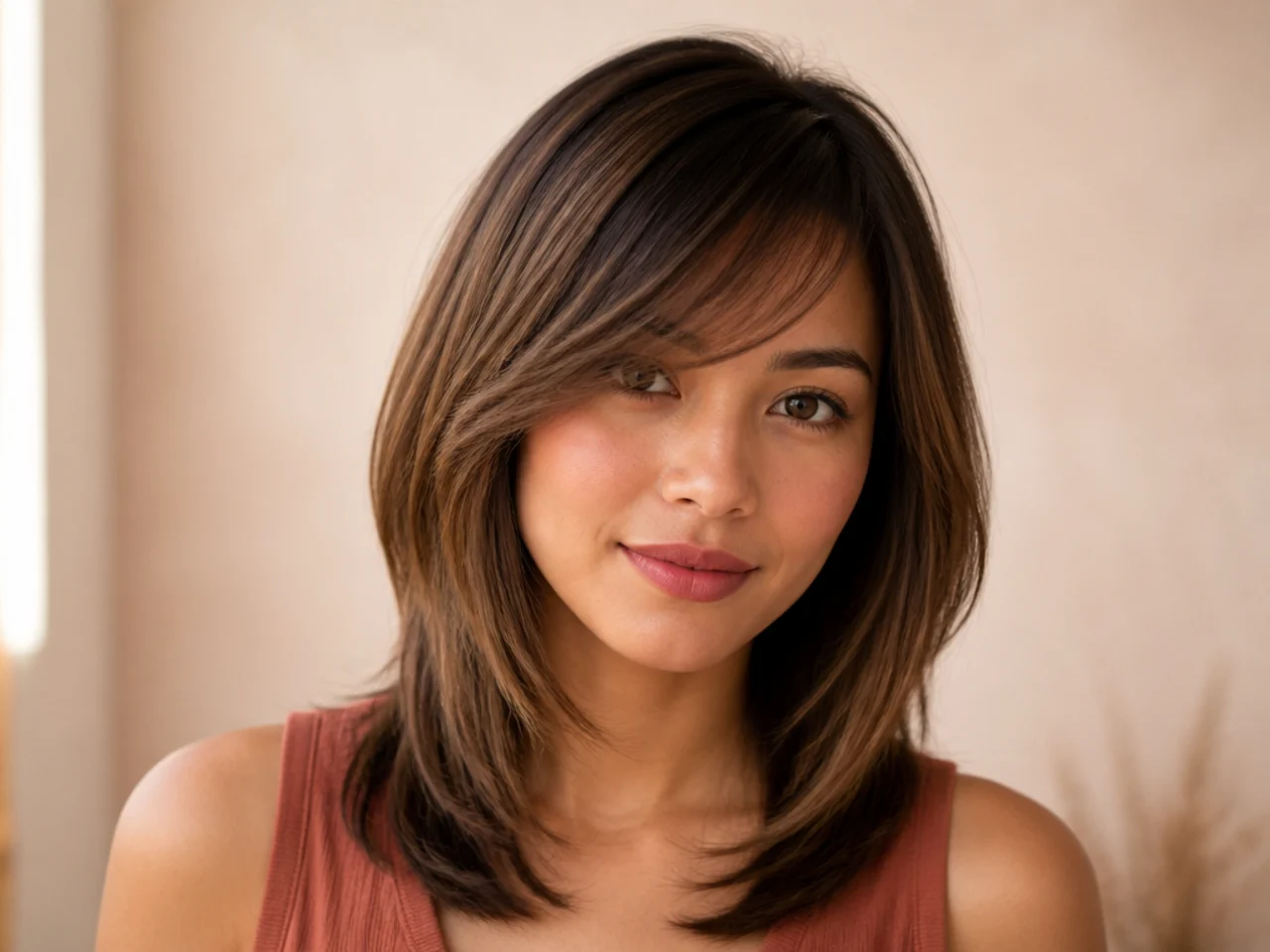 Side swept bangs with darker roots on fine hair