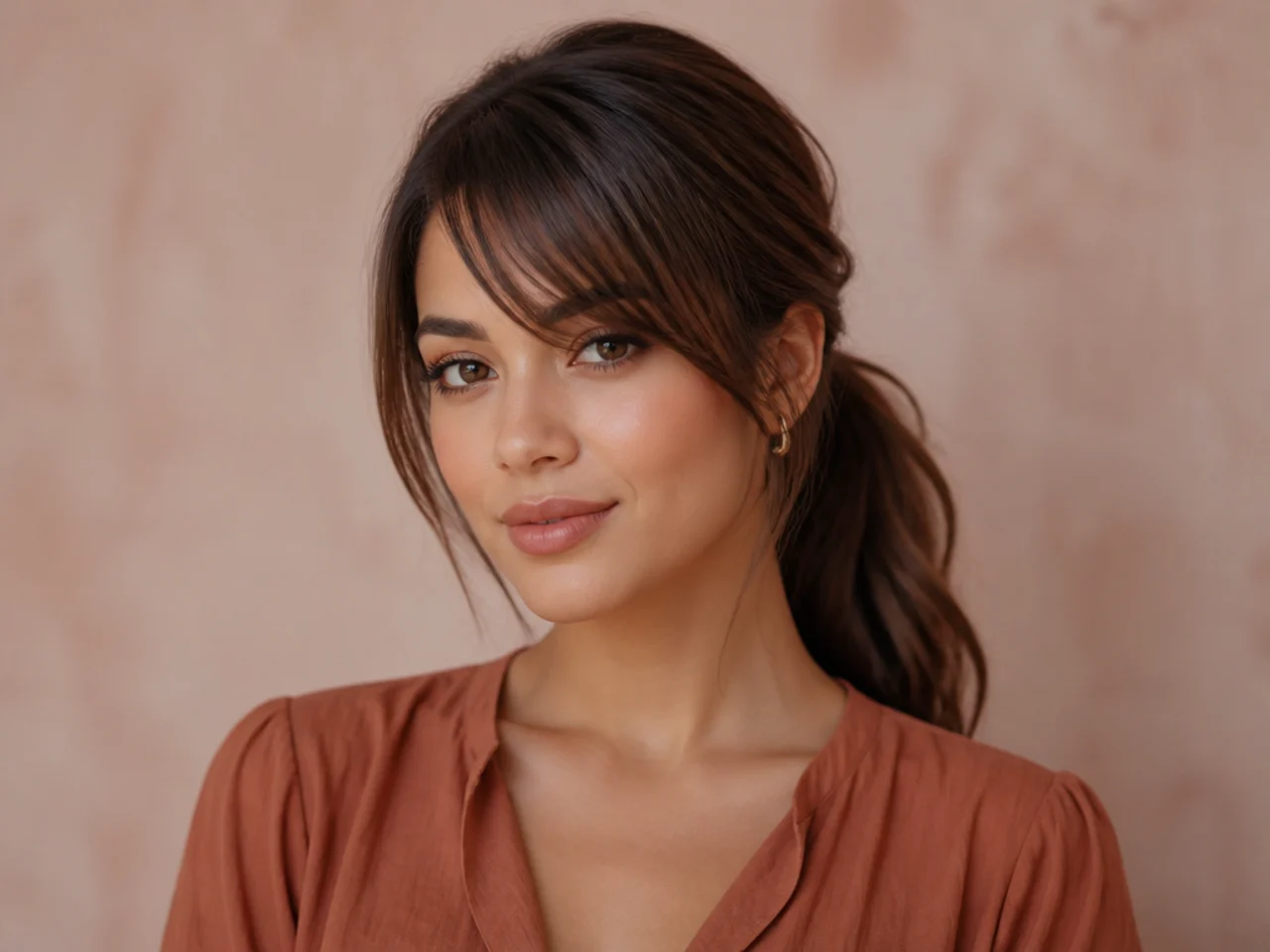 Side swept bangs on fine hair with a ponytail