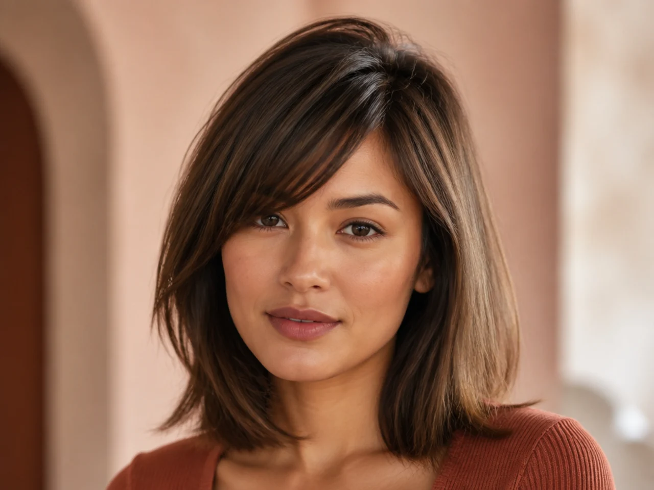 Mid-length side swept bangs with root lift