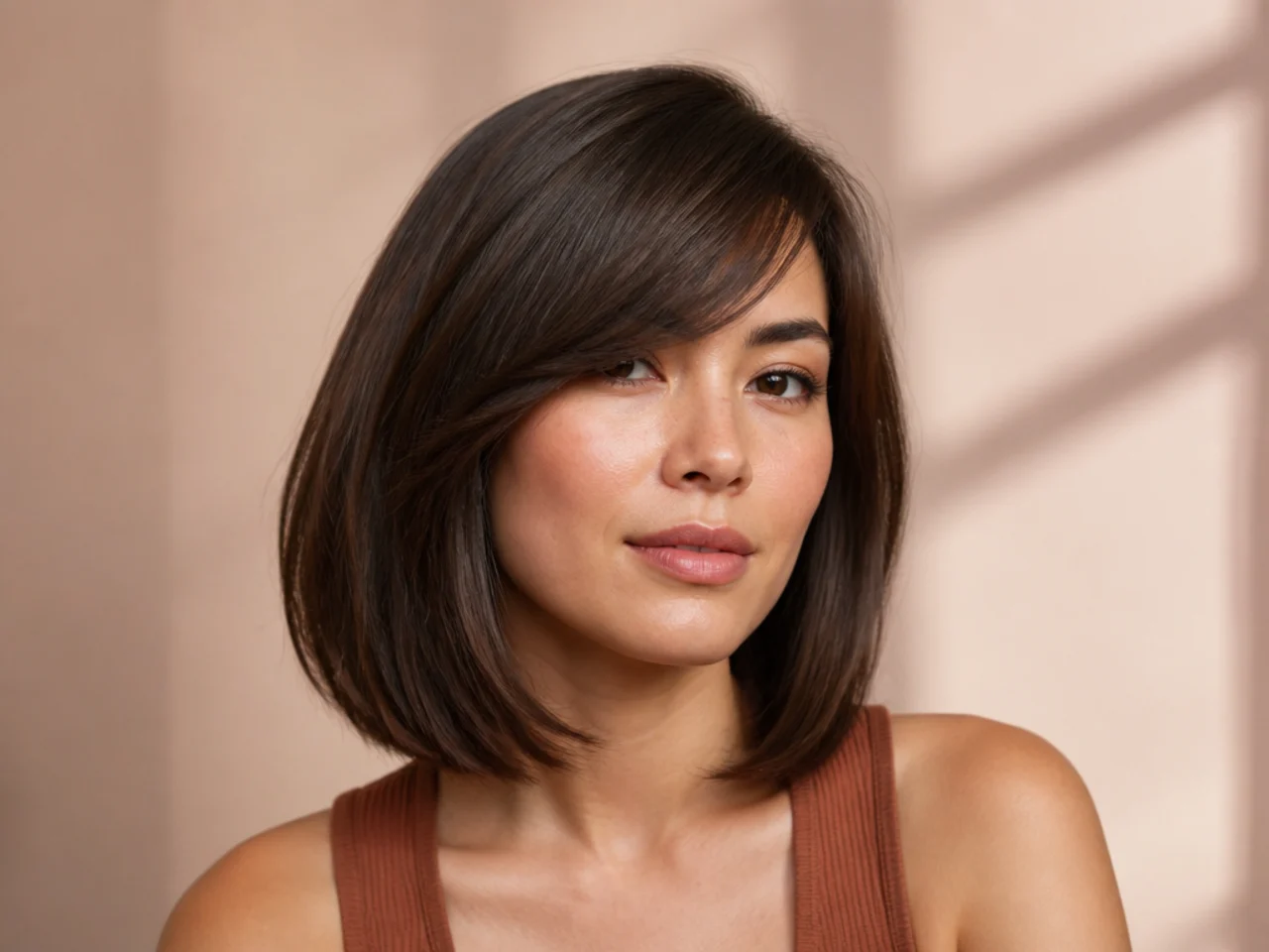 Side swept bangs with a one-length lob