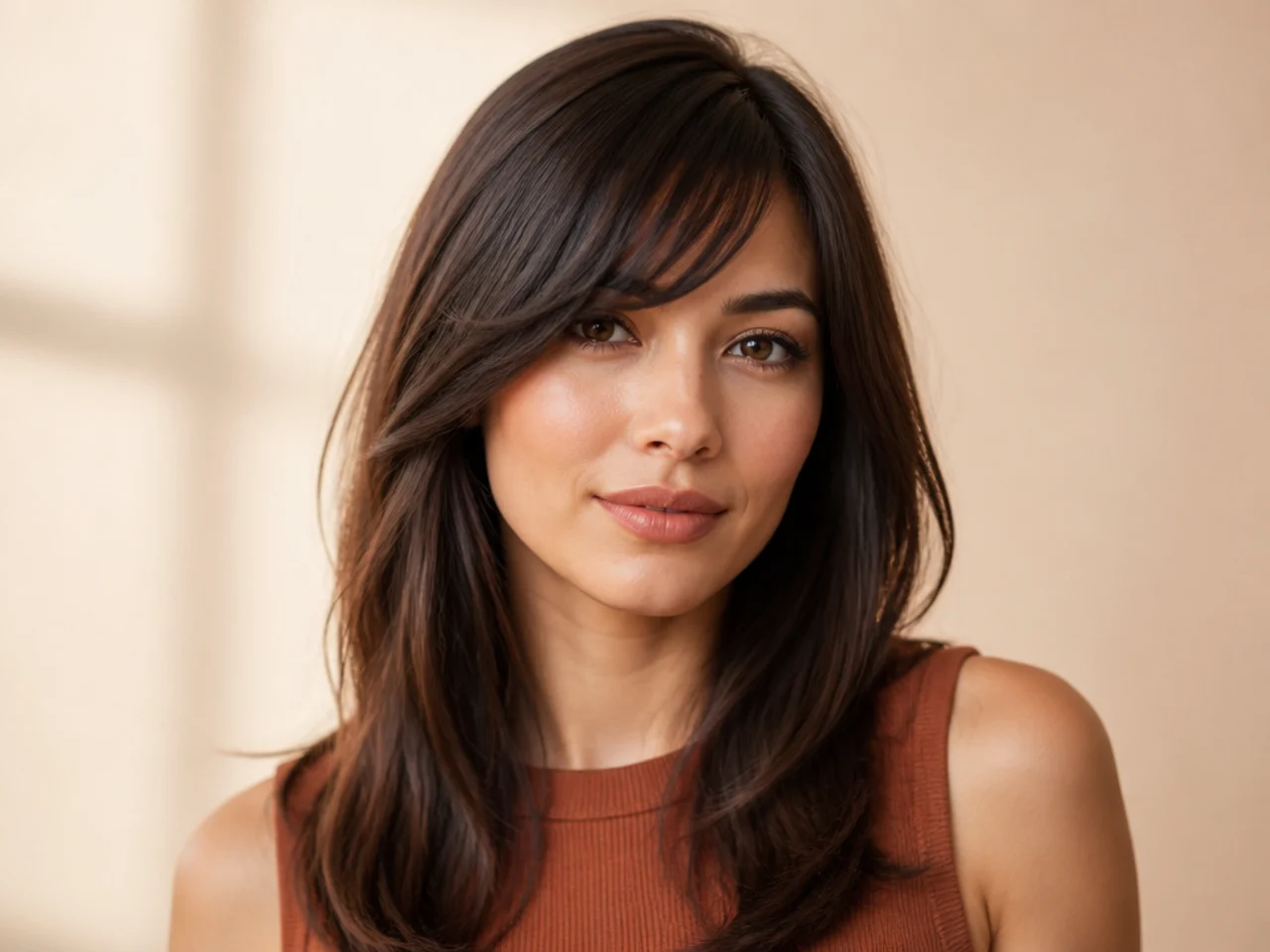 Side swept bangs with minimal long layers