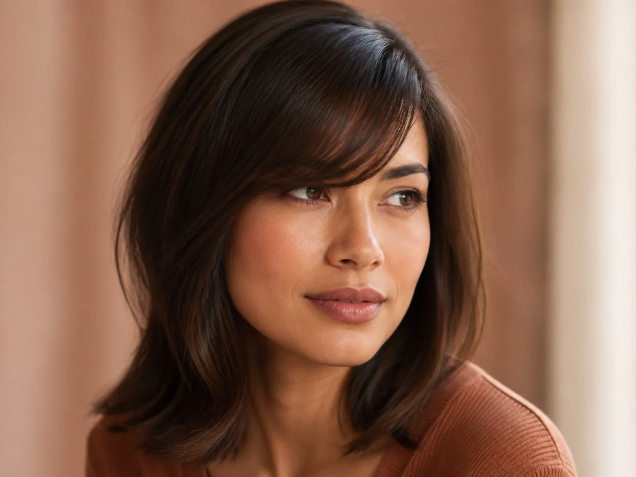 Three-quarter view of side swept bangs on fine hair