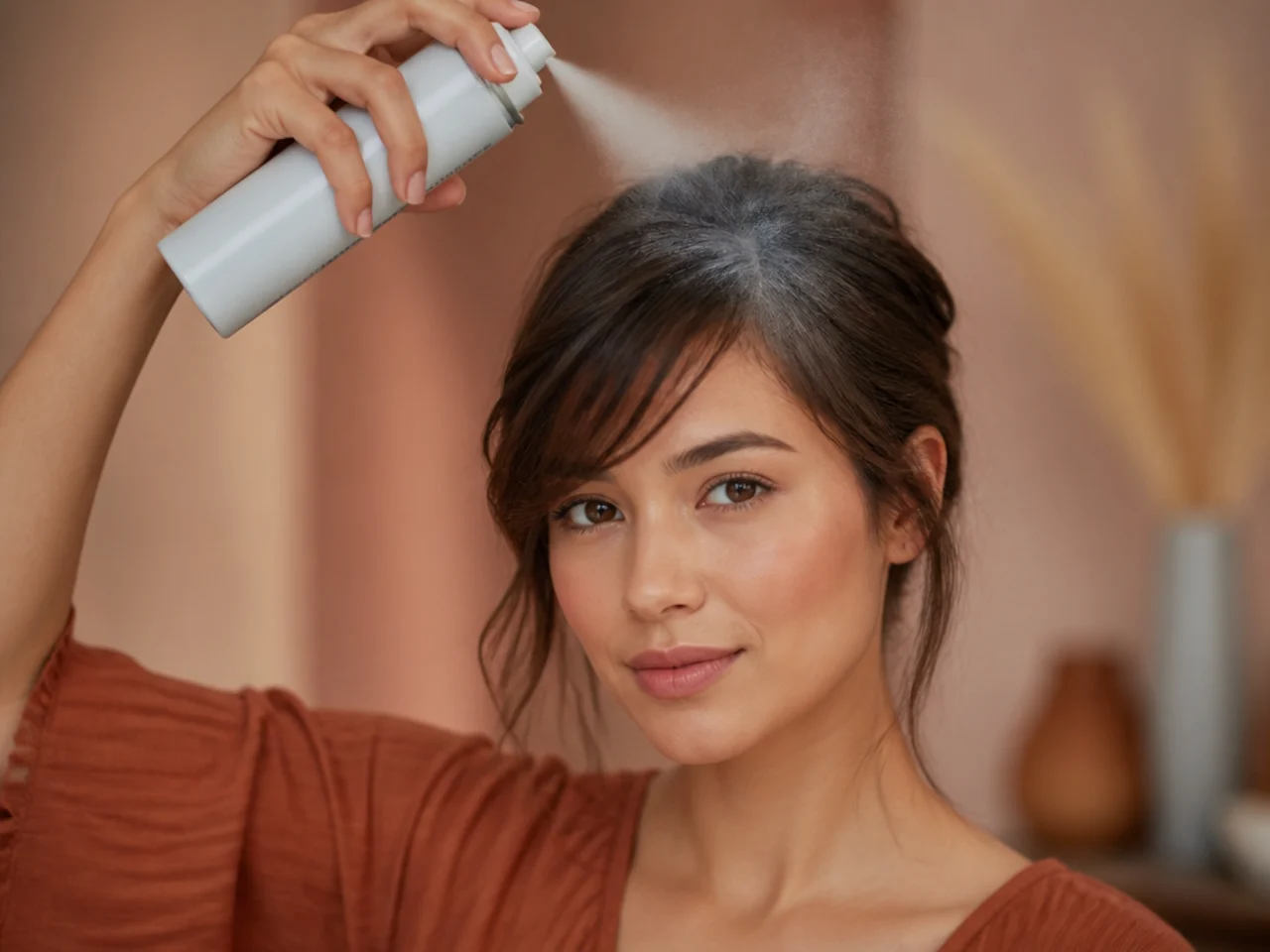 Dry shampoo applied at the root of a fine fringe