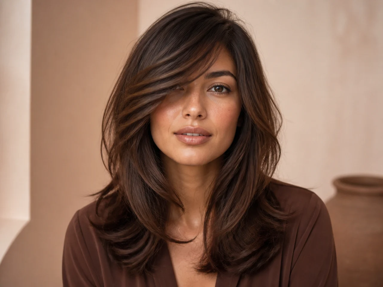 Side swept bangs with internal layering