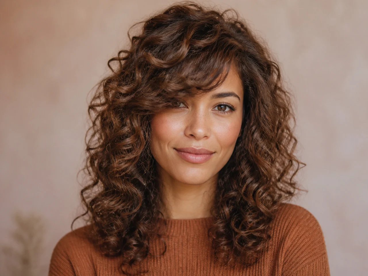Side swept bangs with layers on curly hair
