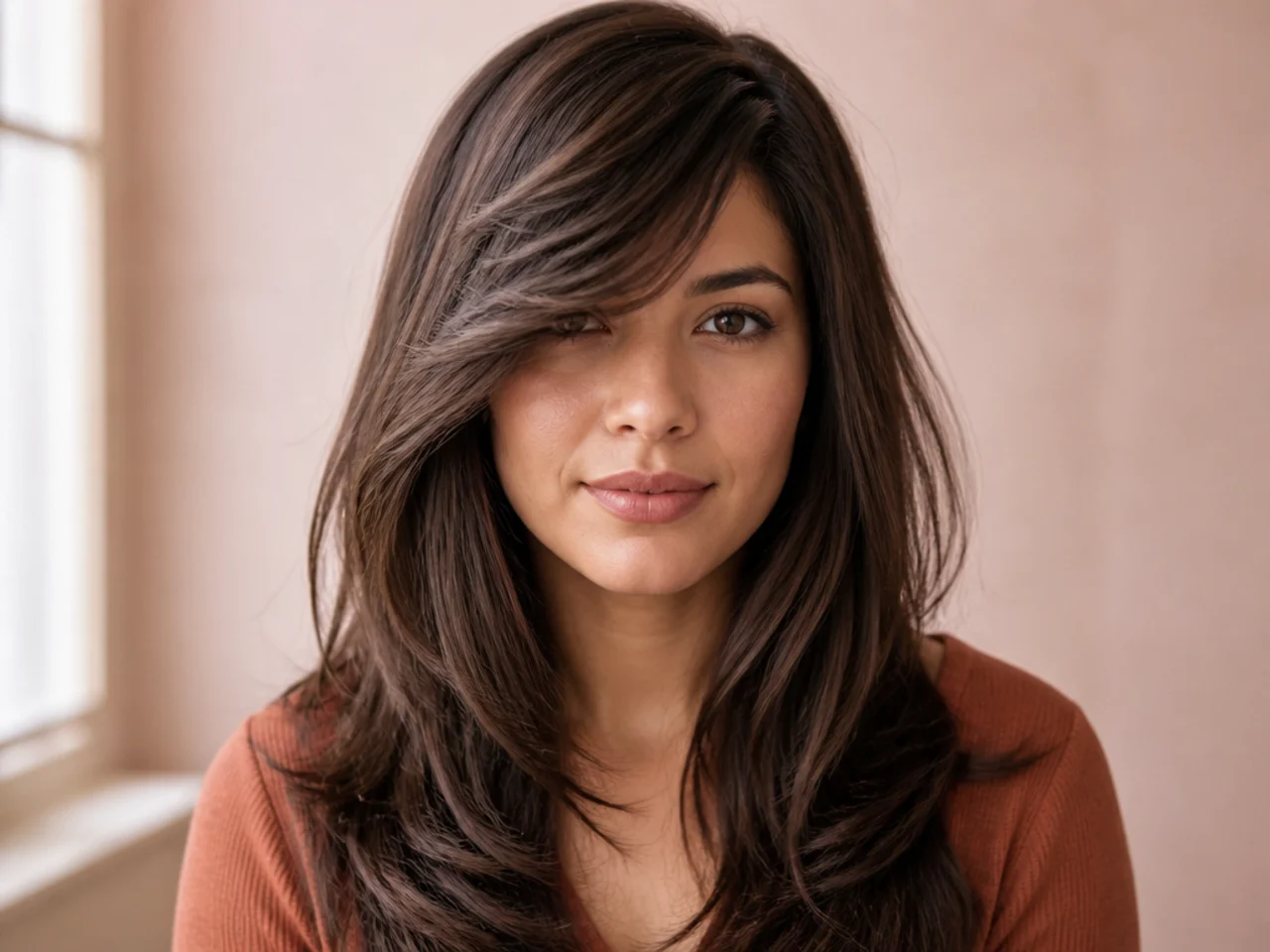 Side swept bangs with layers on thick hair
