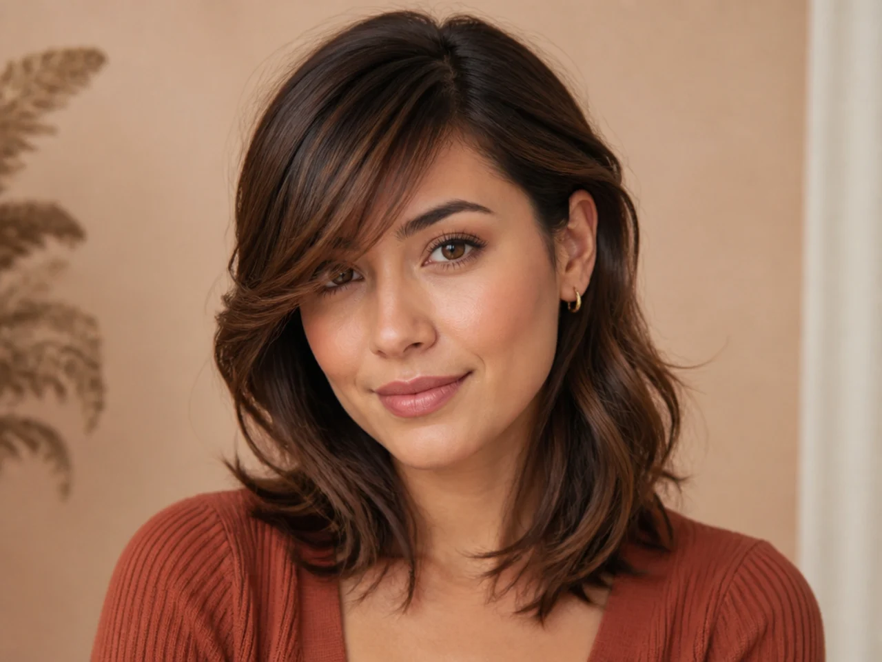 Side swept bangs with layers tucked behind one ear
