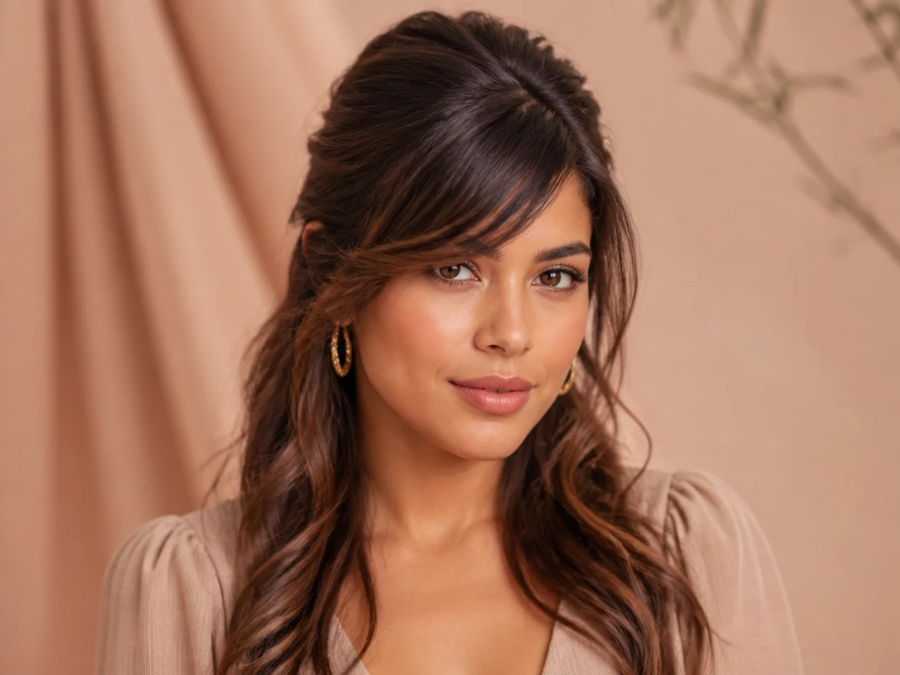 Side swept bangs with layers worn half up