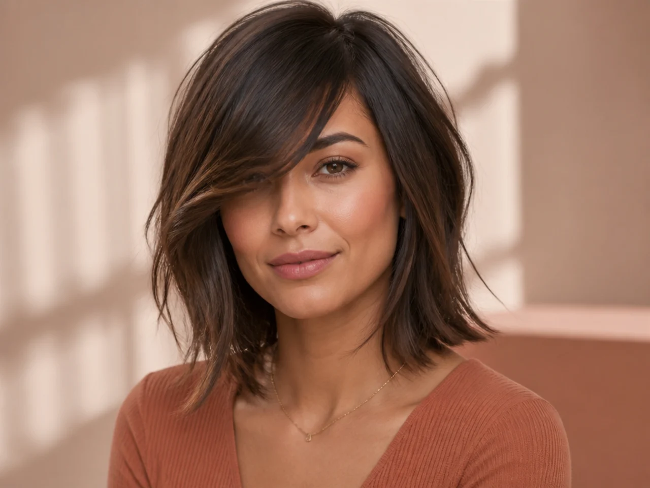 Side swept bangs with a layered lob