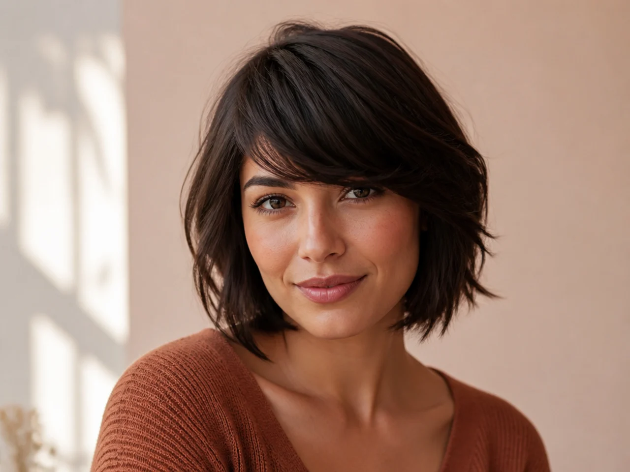 Side swept bangs with a layered bob