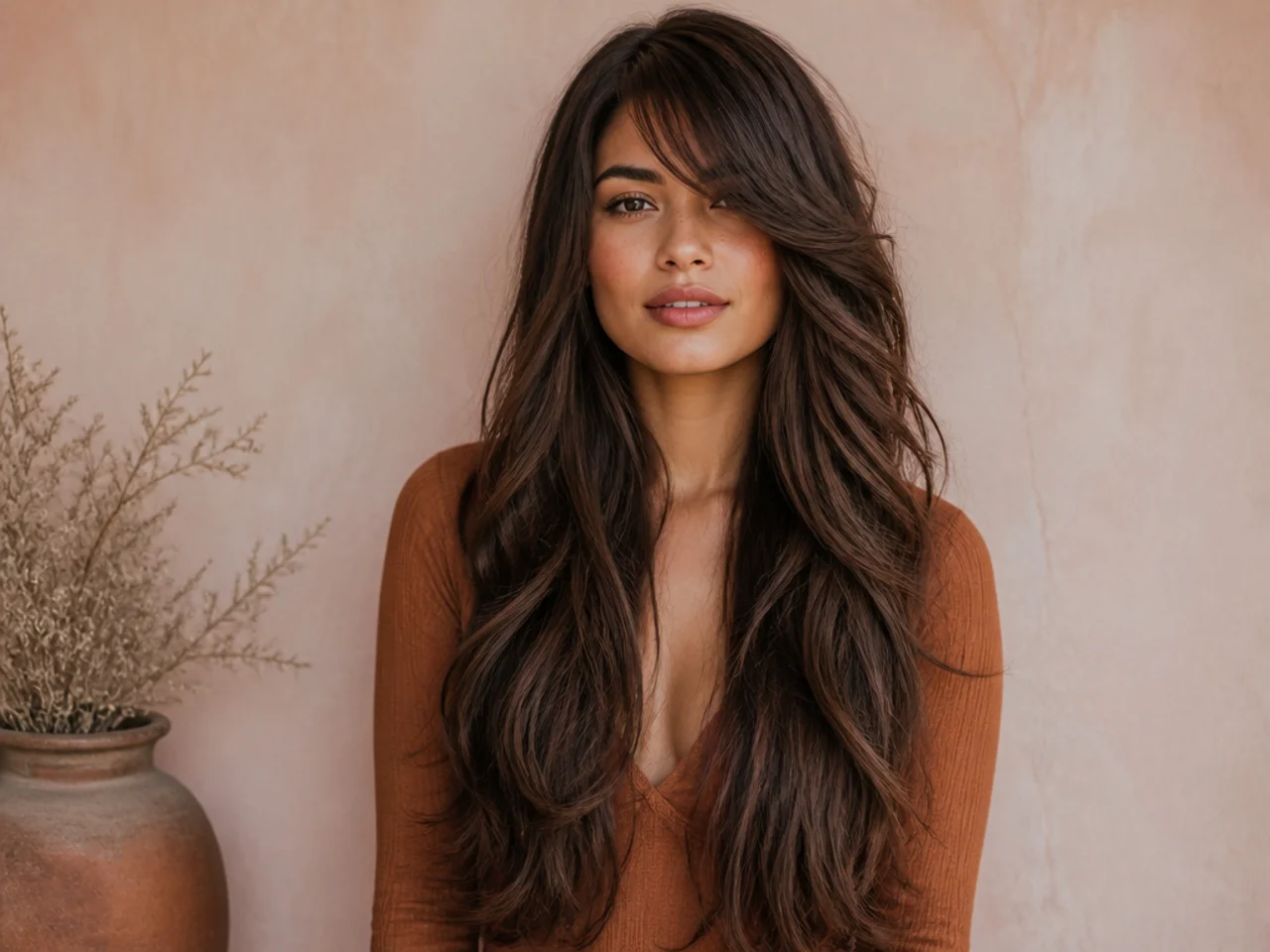 Side swept bangs with waist-length layers