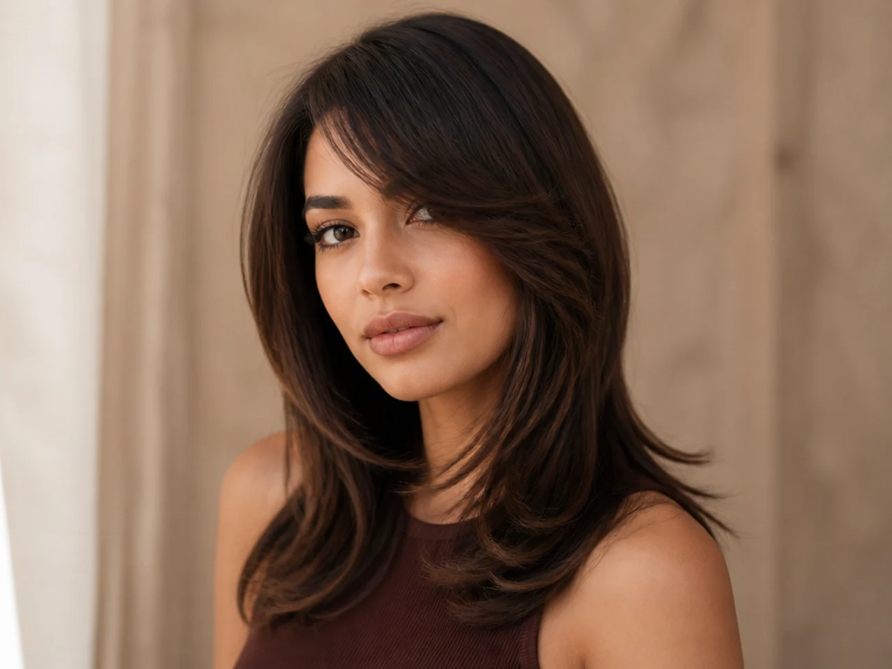 Three-quarter view of side swept bangs with connected layers
