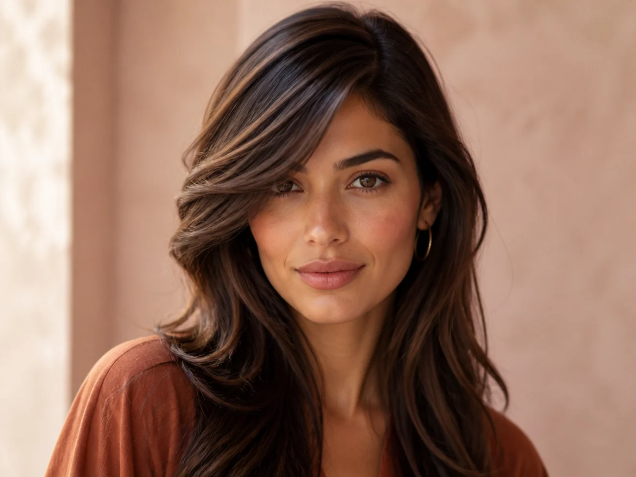 Side swept bangs from a deep side part