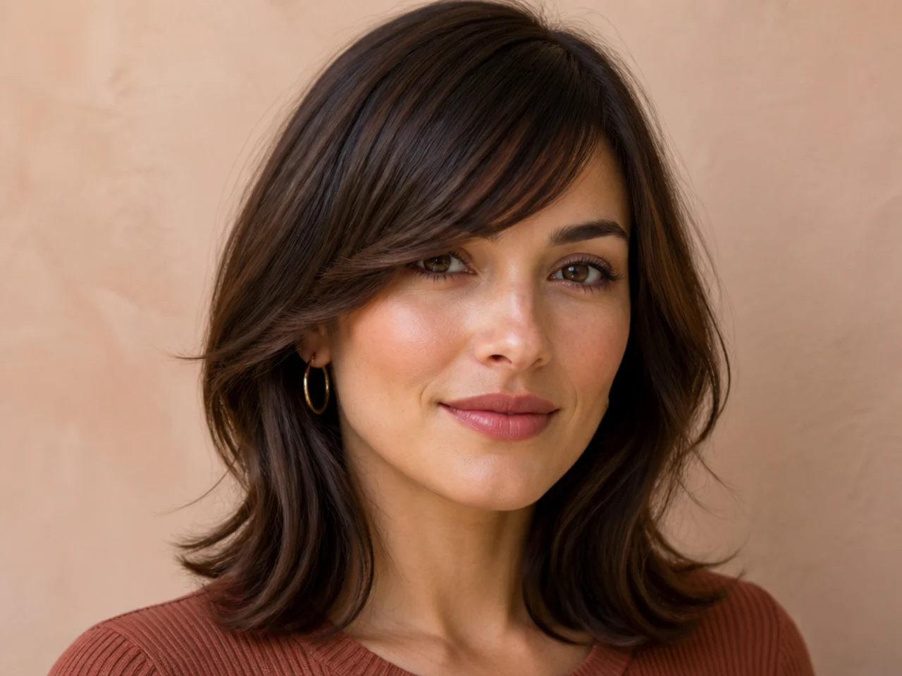 Side swept bangs with a mid-brow shortest point