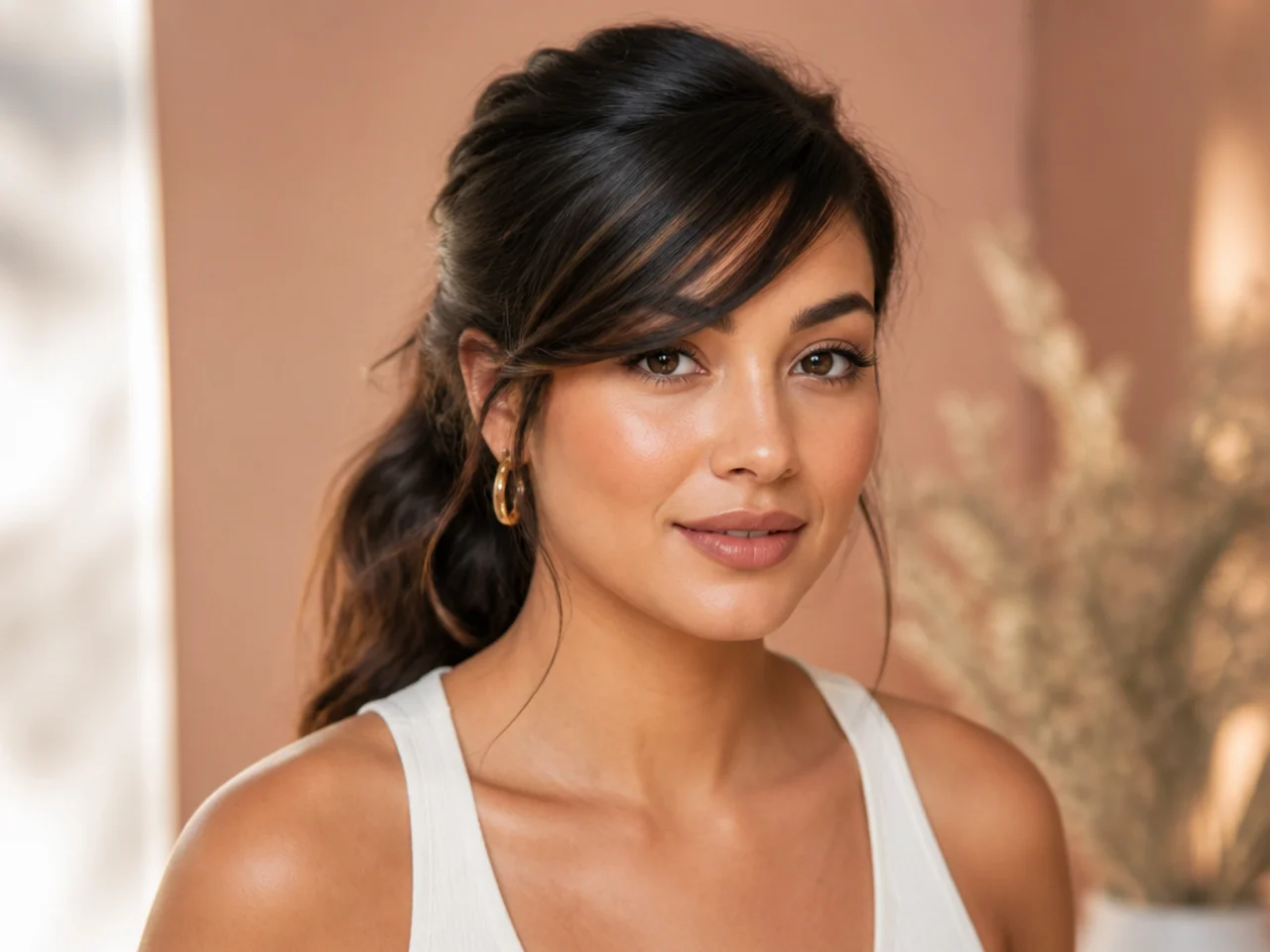 Side swept bangs worn with a ponytail