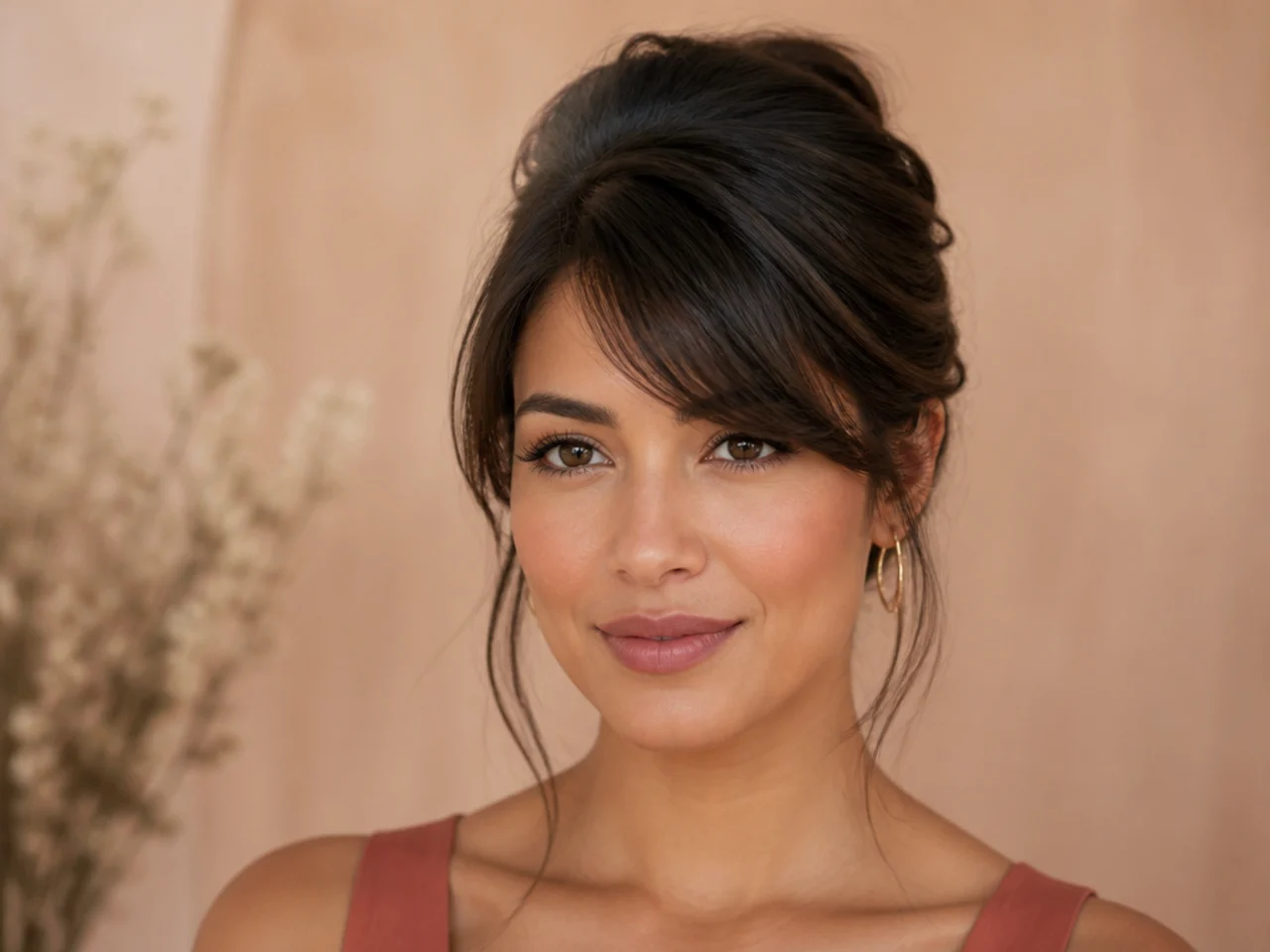 Side swept bangs worn with an updo