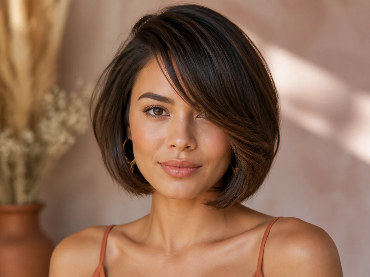 Side swept bangs with a bob