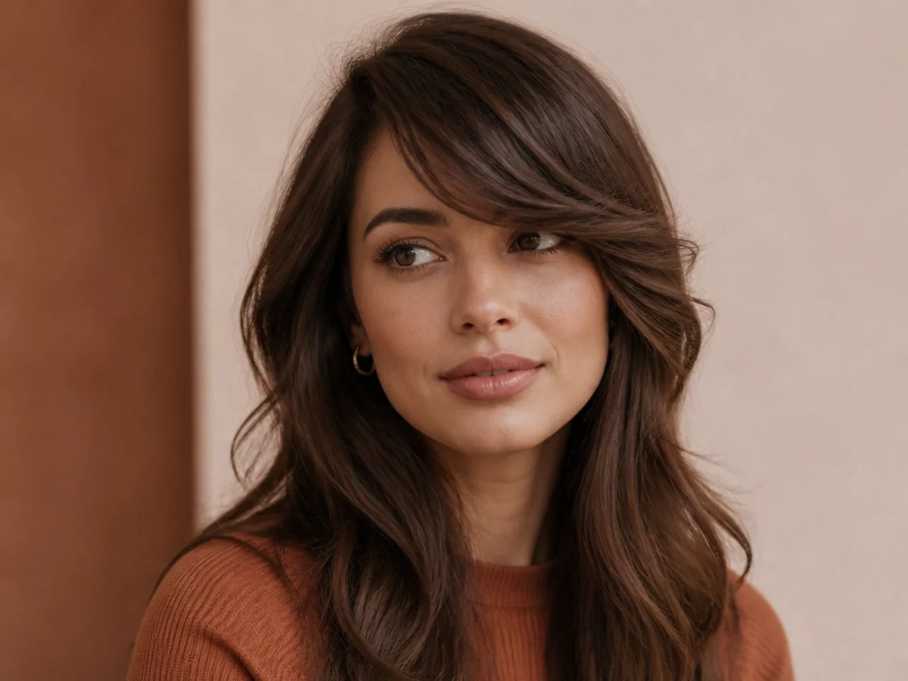 Three-quarter view of finished side swept bangs