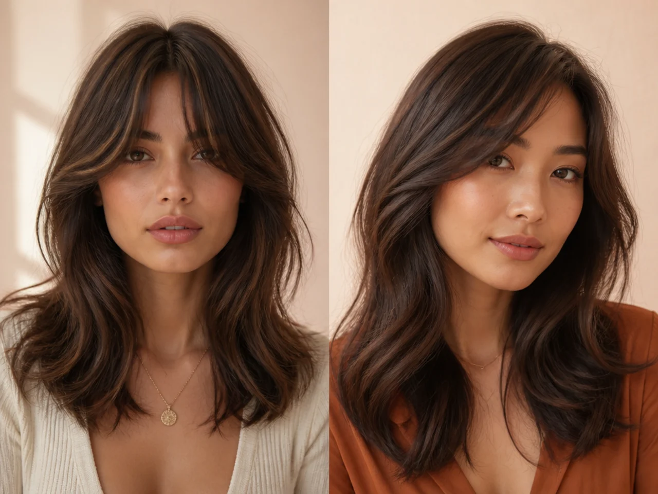 Curtain bangs styled both centrally and swept