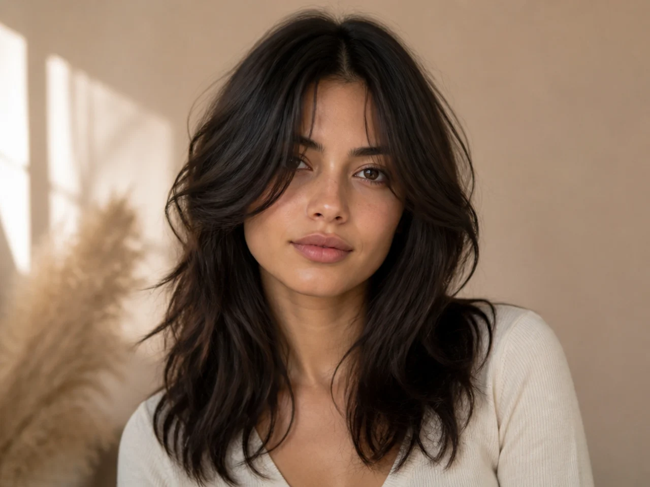 Side swept bangs parted centrally showing uneven lengths