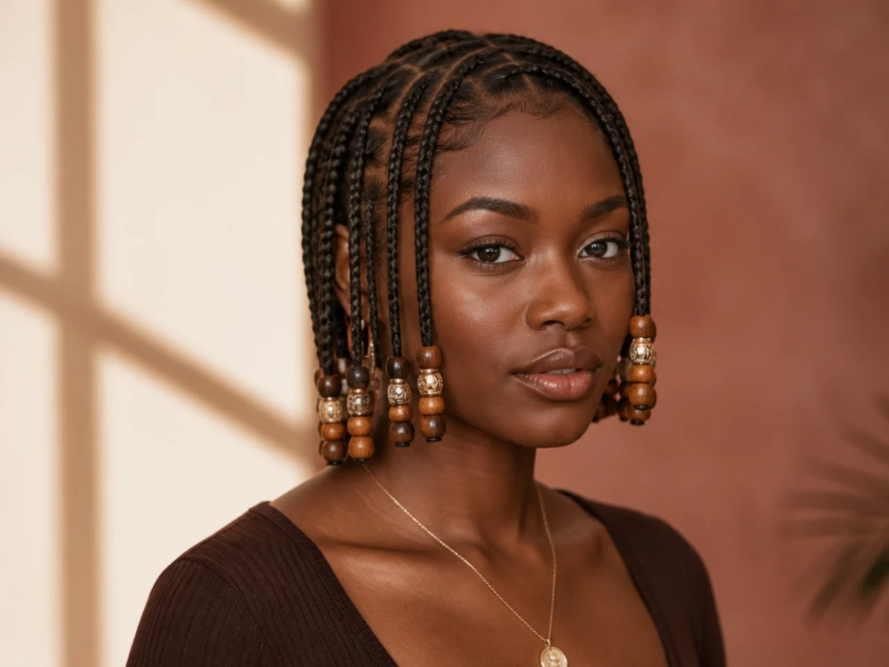 Short Fulani braids with beads sitting near the jawline