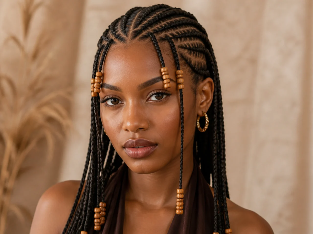 Beads threaded into the front cornrows rather than the loose braids