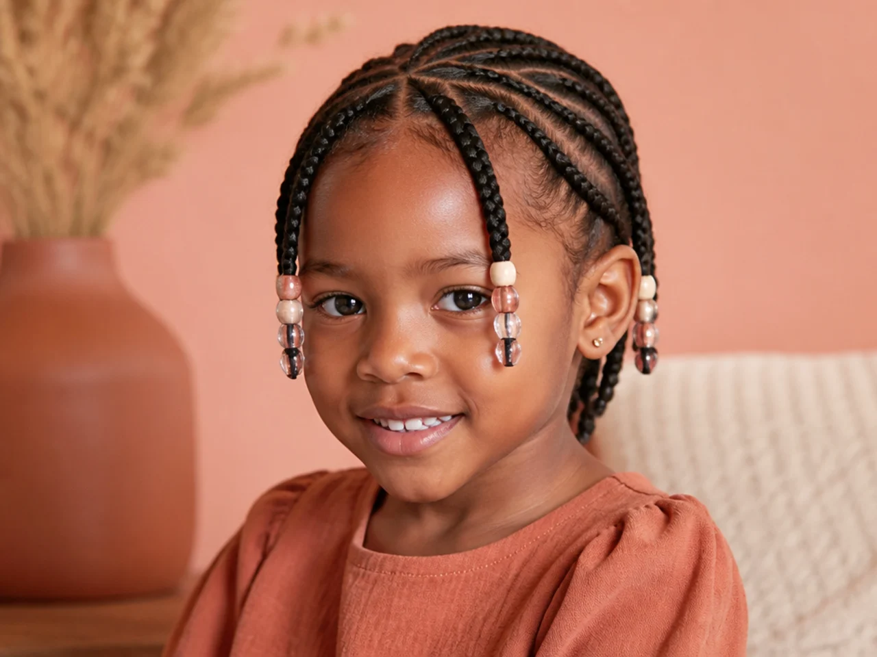 Child wearing Fulani braids with a few light plastic beads