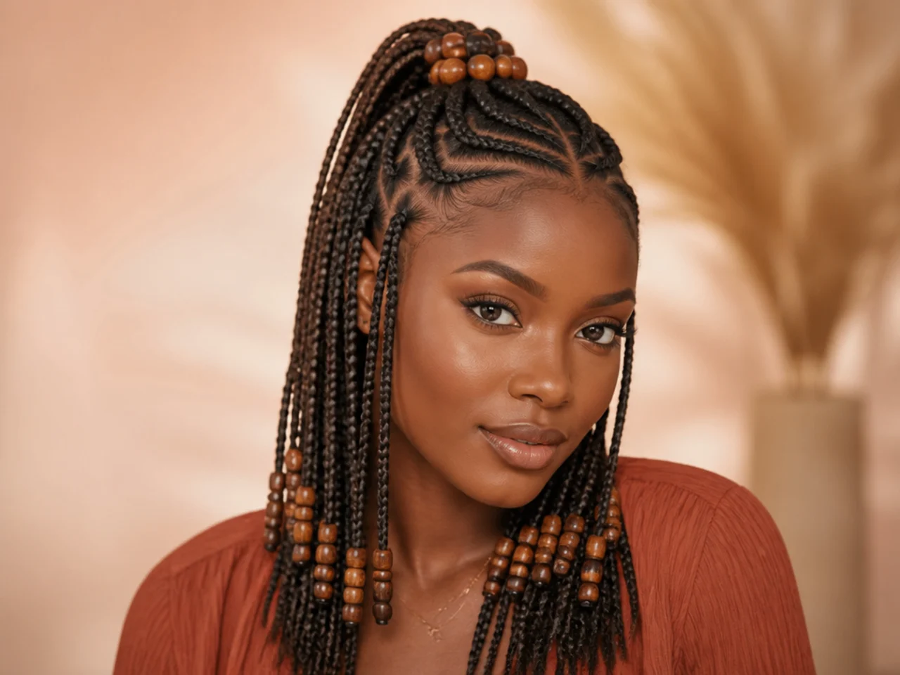 Half-up Fulani braids with beads on the gathered section
