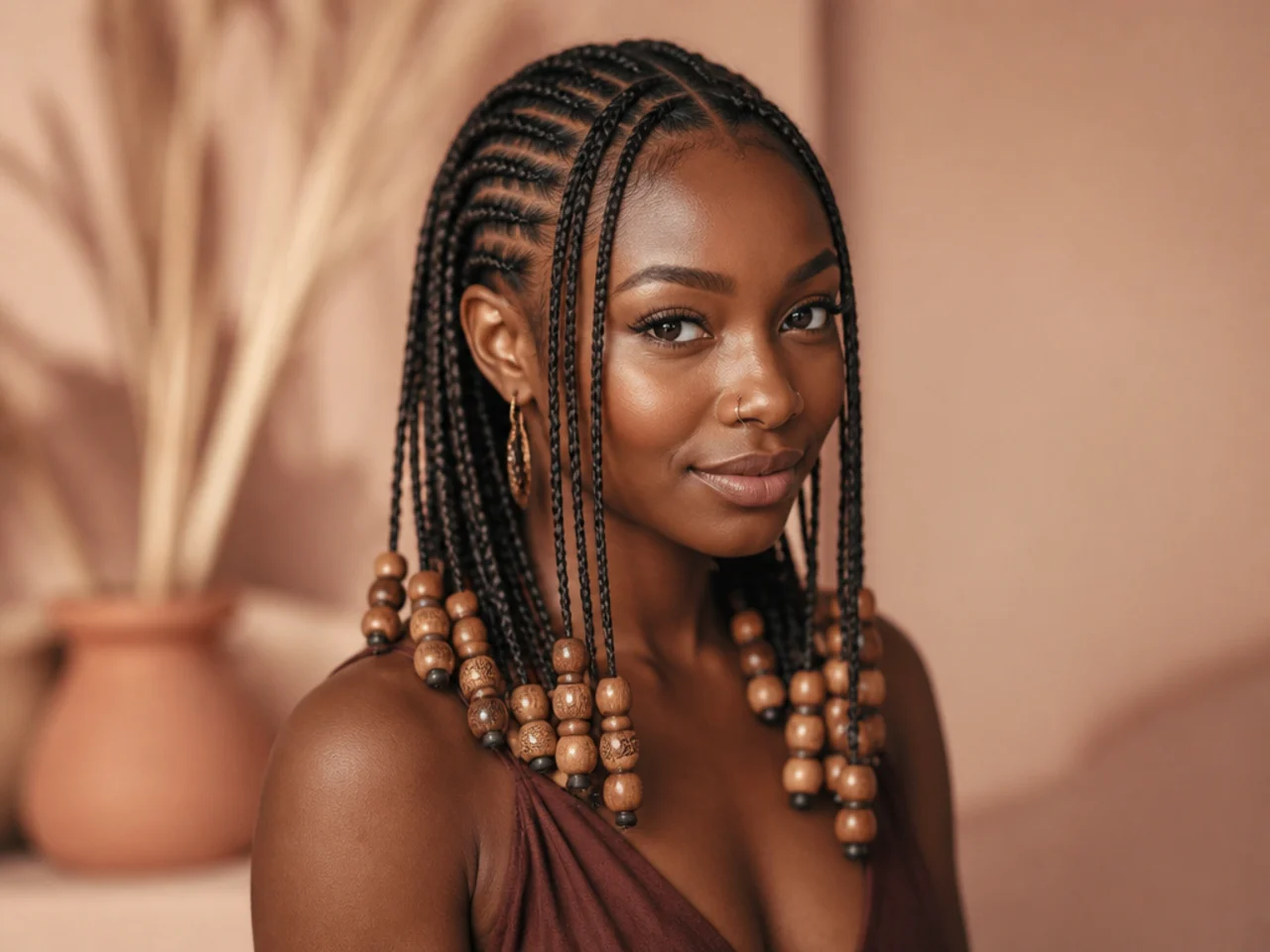 Wooden beads threaded onto the ends of Fulani braids