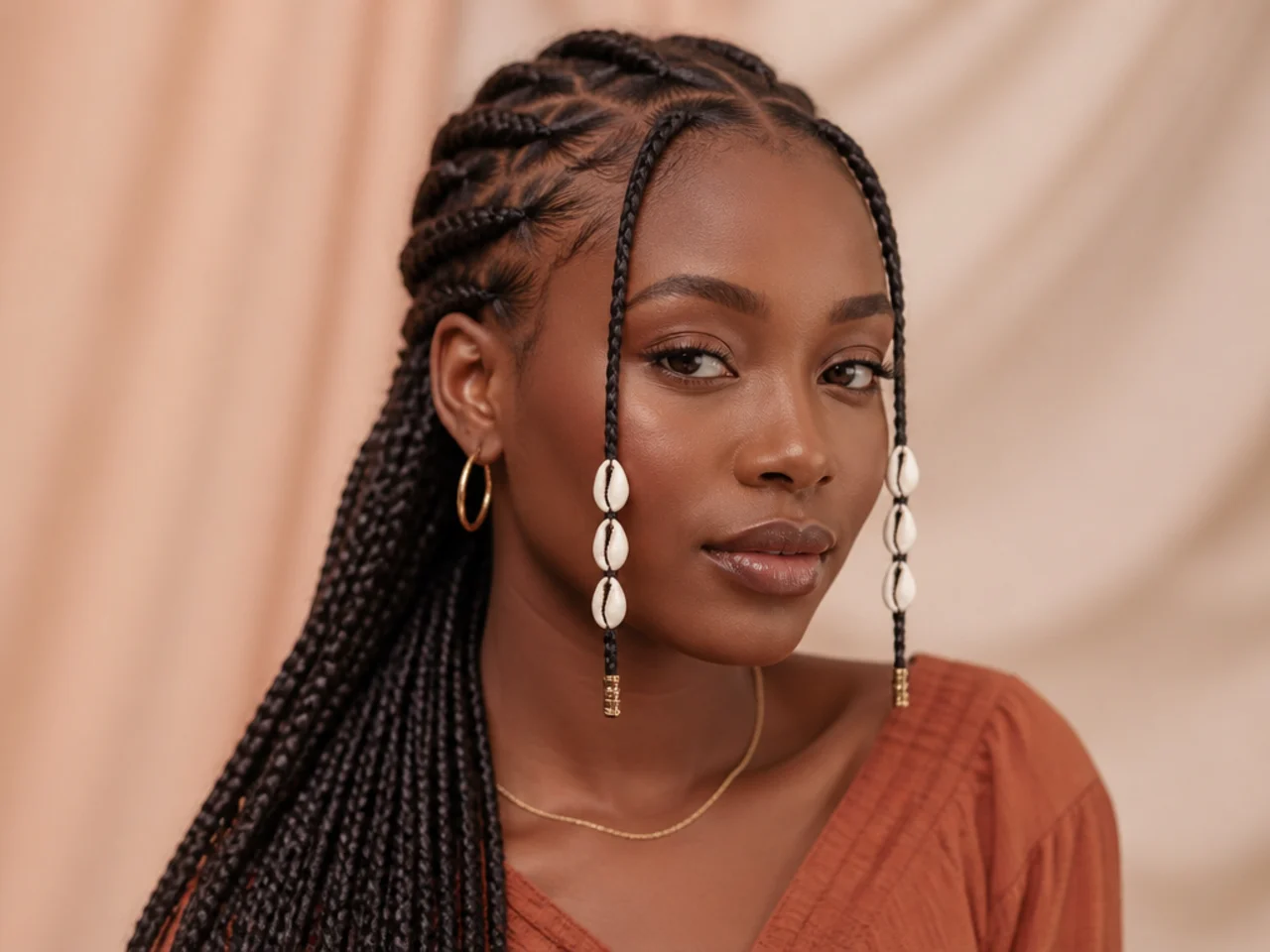 White cowrie shells threaded onto the two face-framing braids