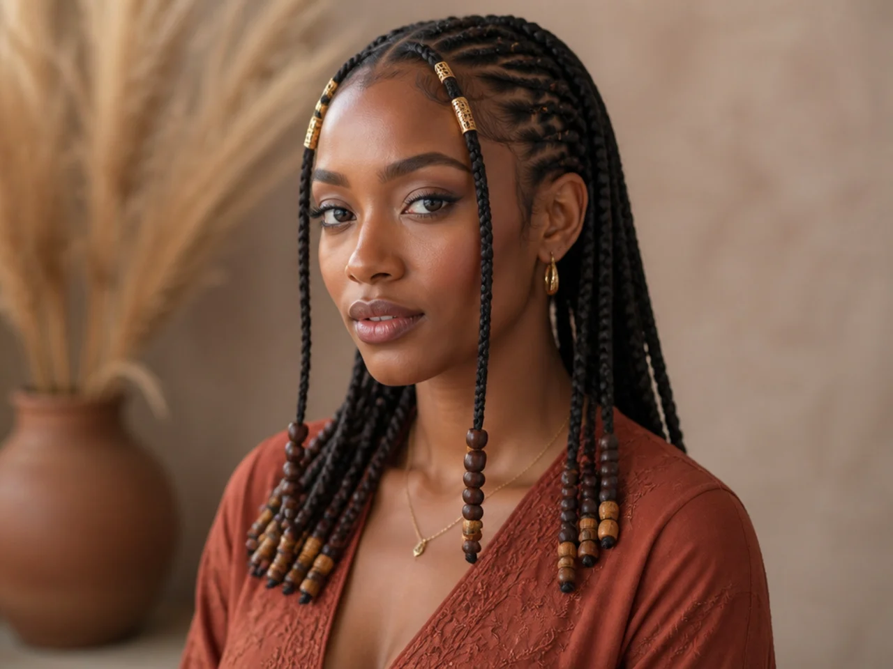 Fulani braids combining gold cuffs at the front with wooden beads at the ends