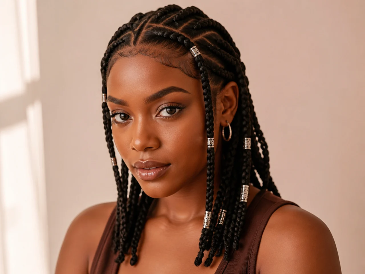 Silver cuffs on dark Fulani braids