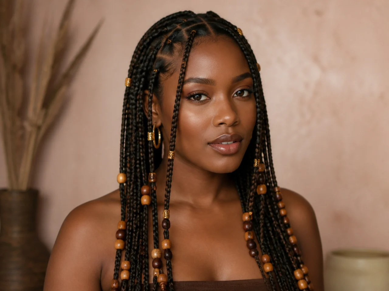 Beads spaced along the full length of Fulani braids