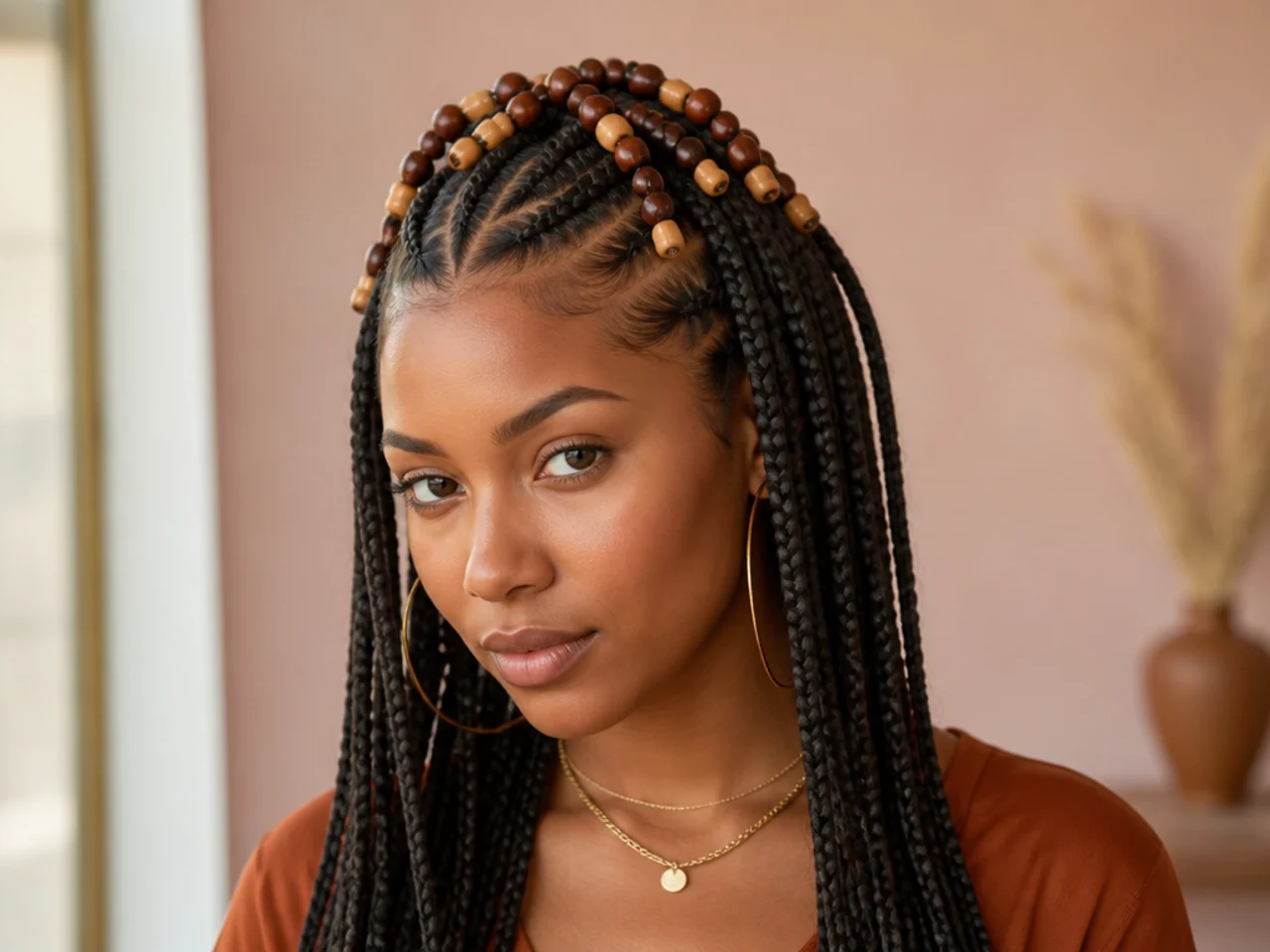 Beads clustered where the cornrows release into loose braids