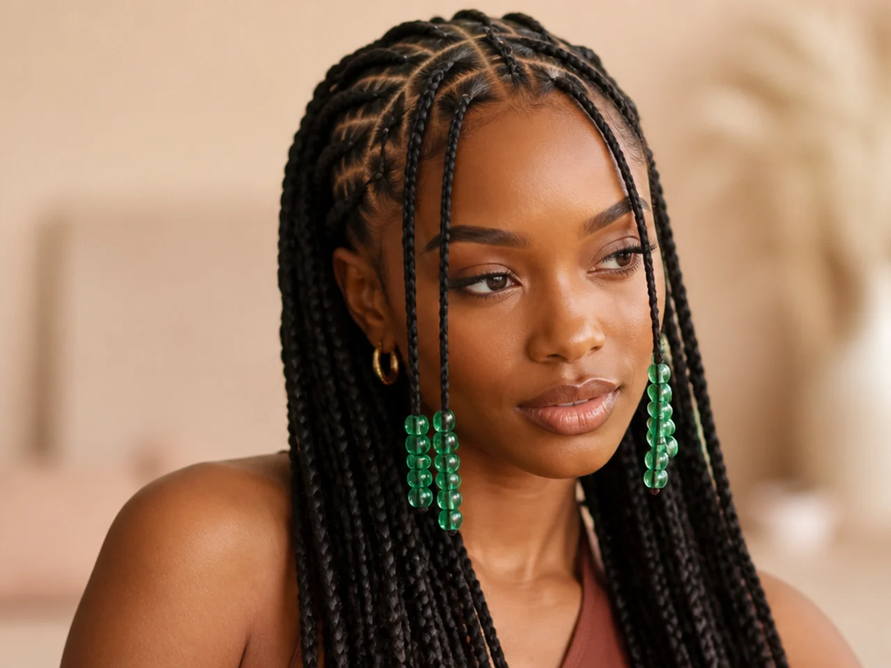 Coloured glass beads on the front sections of Fulani braids