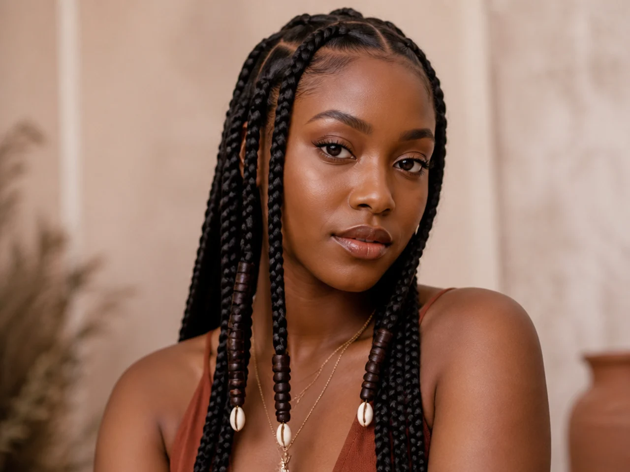 Wide-bore beads on jumbo Fulani braids sitting flush against the braid