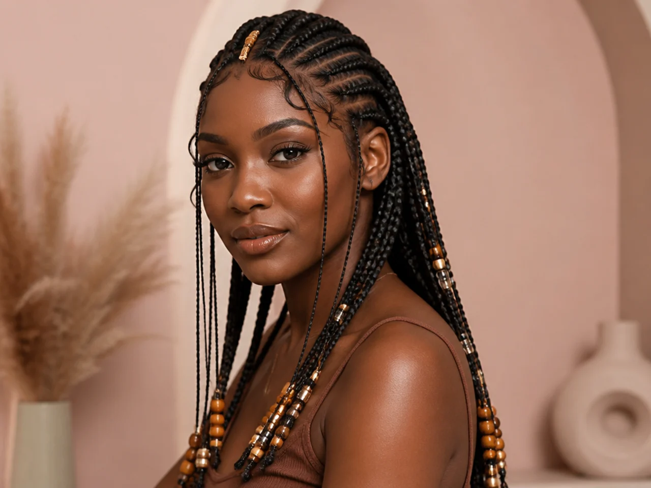 Finished beaded Fulani braids photographed from three-quarter view